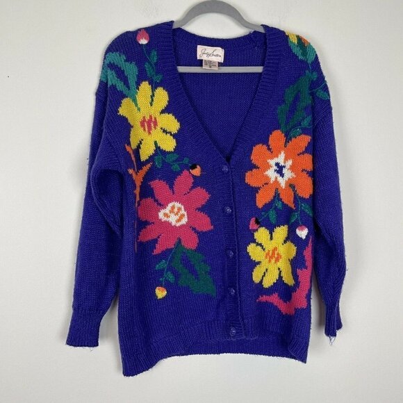 Jaclyn Smith Vintage Purple Floral Grandpa Granny Floral Sweater Cardigan - Picture 1 of 6